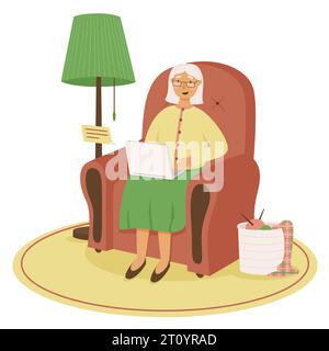 Una nonna carina sta lavorando su un portatile a casa. Illustrazione vettoriale in stile piatto su sfondo bianco Illustrazione Vettoriale