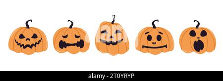 Set vettoriale adesivi pumkin di Halloween. Icone isolate di Halloween. Pumkins con emozioni diverse su sfondo bianco. Illustrazione vettoriale Illustrazione Vettoriale