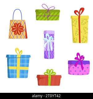 Set di confezioni regalo colorate con fiocchi e nastri. Illustrazione vettoriale. Capodanno, Natale e San Valentino. Illustrazione Vettoriale