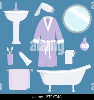 Un set di accessori per il bagno con vasca, lavandino, specchio, accappatoio, dentifricio e spazzole, asciugacapelli, asciugamano, sapone e carta igienica. Illustrazione vettoriale Illustrazione Vettoriale
