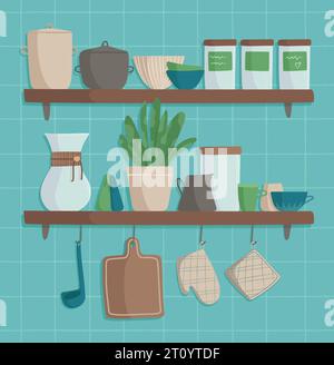 Mensole da cucina con utensili da cucina per cucinare, utensili da servizio, accessori per il caffè e piante in vaso. Interno di una cucina con una parete piastrellata blu. Illustrazione Vettoriale