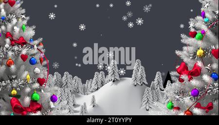 Immagine della neve che cade sopra gli alberi di natale Foto Stock