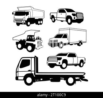 pick-up per camion, lory e silhouette per il trasporto in auto Illustrazione Vettoriale