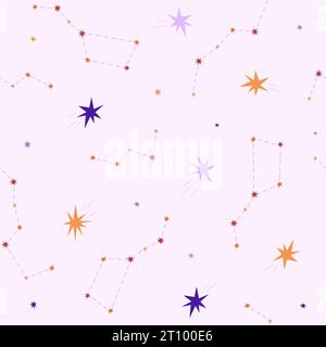 Motivo cosmico senza cuciture con stelle e costellazioni. Illustrazione vettoriale in stile piatto. Cosmonautics Day. Modello per carta da parati, tessuto e bambini Illustrazione Vettoriale