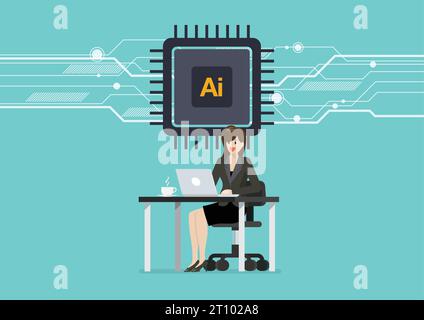 Donna d'affari sta lavorando su un computer portatile alla scrivania dell'ufficio con l'icona della cpu del chip ai. Icona del processore IA. Chip di intelligenza artificiale AI. Illust vettoriale Illustrazione Vettoriale