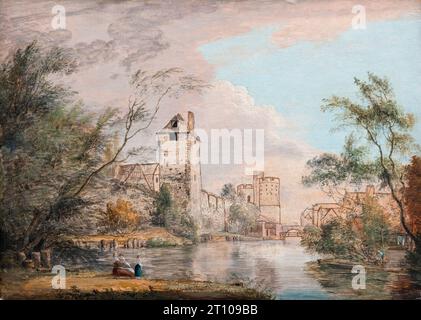 Una vista incompiuta della West Gate, Canterbury, paesaggio dipinto ad olio su carta montato su pannello da Paul Sandby, 1780-1785 Foto Stock