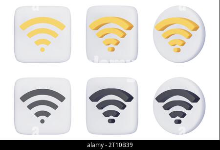 Simbolo Wi-Fi 3D. Rete wireless realistica, connessione e segnale di rete. Rendering 3D, illustrazioni vettoriali gialle e nere isolate su sfondo bianco Illustrazione Vettoriale