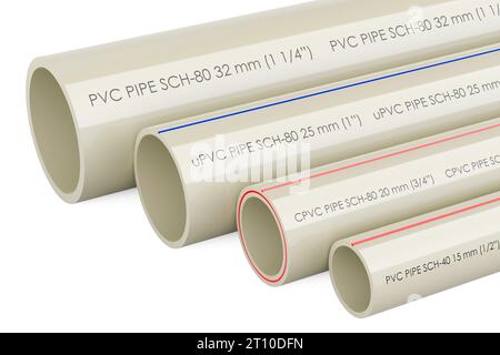 Set di tubi in PVC, tubo composito, tubo uPVC, tubo CPVC, rendering 3D isolato su sfondo bianco Foto Stock