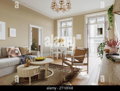 Design scandinavo degli interni del soggiorno in delicate tonalità neutre Foto Stock