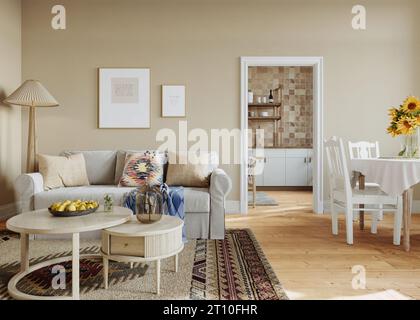 Design scandinavo degli interni del soggiorno in delicate tonalità neutre Foto Stock