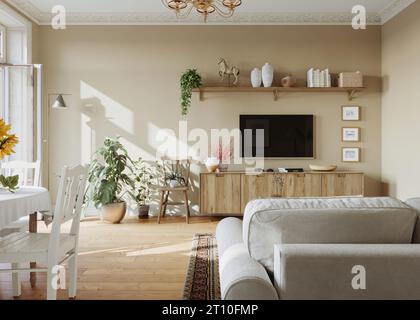 Design scandinavo degli interni del soggiorno in delicate tonalità neutre Foto Stock