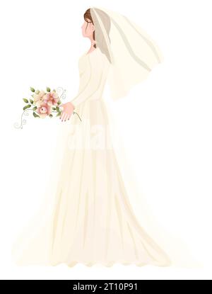 Sposa con bouquet fiori icona. Donna vettoriale disegnata a mano con illustrazione di abito bianco. Grafica per matrimoni Foto Stock