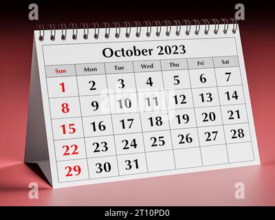 Ottobre 2023. Una pagina del calendario mensile annuale del business desk. rendering 3d. Foto Stock