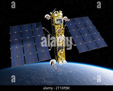 Moderno satellite di navigazione all'orbita terrestre. sfondo di rendering 3d Foto Stock