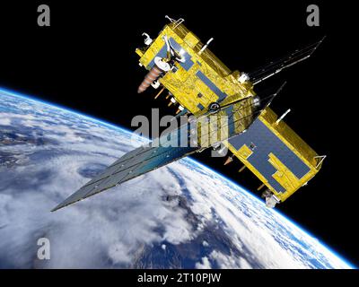 Moderno satellite di navigazione all'orbita terrestre. sfondo di rendering 3d Foto Stock