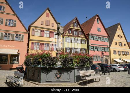 Löwenbrunnen am Altrathausplatz, Altstadt, Dinkelsbühl, Franken, Bayern, Deutschland *** Fontana del leone ad Altrathausplatz, città vecchia, Dinkelsbühl, Franconia, Baviera, Germania credito: Imago/Alamy Live News Foto Stock