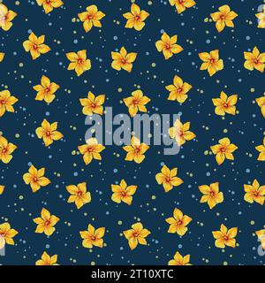 Motivo floreale effetto acquerello autunnale senza cuciture. Fiori gialli luminosi su sfondo blu scuro Foto Stock