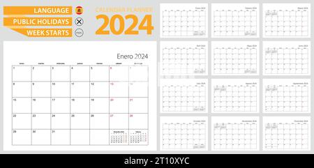 Calendario spagnolo per il 2024. Lingua spagnola, la settimana inizia dal lunedì. Modello vettoriale. Illustrazione Vettoriale