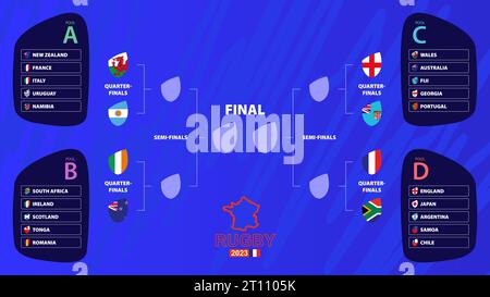 Il programma delle partite di rugby 2023 nei playoff è stato riempito fino ai quarti di finale con bandiere nazionali dei partecipanti ai tornei internazionali di rugby. Illustrazione vettoriale Illustrazione Vettoriale