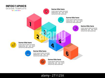 Modello infografico con icone e 6 opzioni o passaggi. Cubi. Può essere utilizzato per il layout del flusso di lavoro, il diagramma, il banner, il webdesign. Illustrazione vettoriale Illustrazione Vettoriale