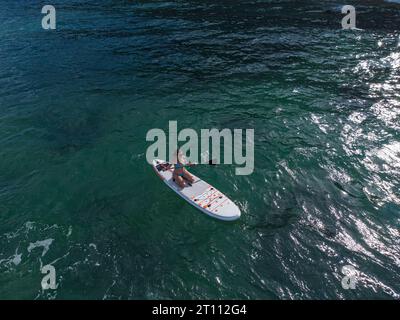 Vista aerea dall'alto di una giovane donna seduta su una tavola da paddle o in mare Foto Stock