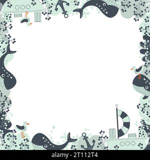Un modello di composizione di abitanti marini e piante, ideale per cartoline, stampe, inviti, biglietti d'auguri di compleanno. Bordo senza cuciture. Vettore il Illustrazione Vettoriale