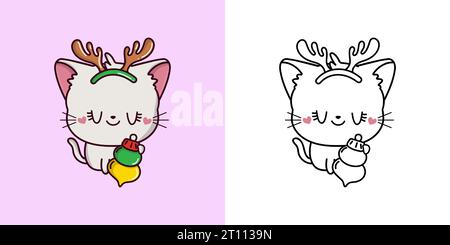 Clipart Christmas White Cat multicolore e bianco e nero. Carino Clip Art New Year Kitty. Illustrazione Vettoriale