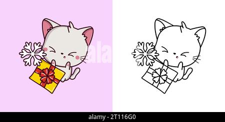 Clipart Christmas White Cat multicolore e bianco e nero. Carino Clip Art New Year Kitty. Illustrazione Vettoriale
