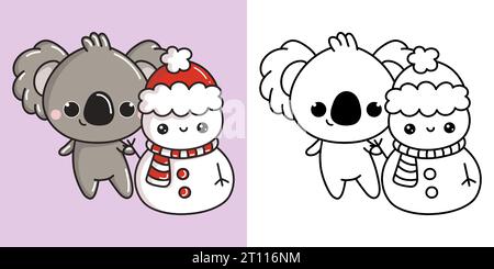 Kawaii Clipart Christmas Koala Bear Illustration e for Coloring Page. Divertente Kawaii Xmas Animal. Illustrazione Vettoriale