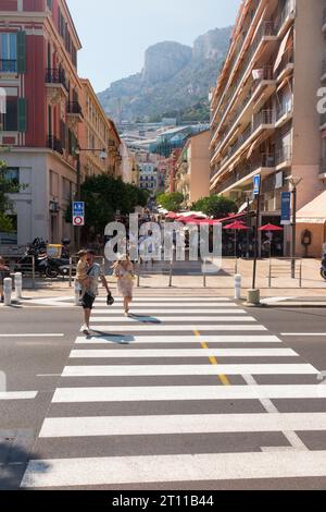 Attraversamento pedonale di Zebra sopra/attraverso Boulevard Albert 1er, Monaco, la strada che ospita la linea di partenza/arrivo del circuito del Gran Premio. (135) Foto Stock