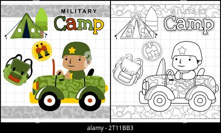 Libro da colorare di cartone animato soldato su veicolo militare, illustrazione di elementi militari Illustrazione Vettoriale