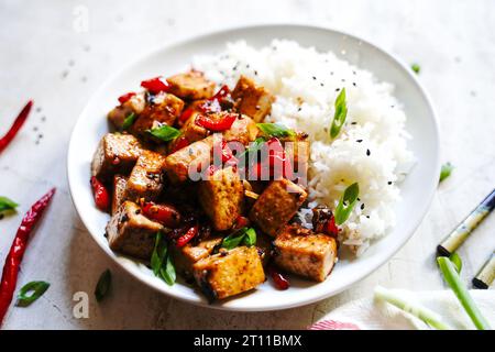 Frittura di tofu Szechuan servita con riso jasmin, fuoco selettivo Foto Stock