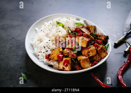 Frittura di tofu Szechuan servita con riso jasmin, fuoco selettivo Foto Stock