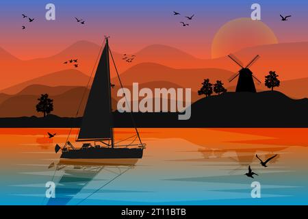 Tramonto con barca a vela, tramonto e collina. Sagoma di barca a vela, riva con mulino a vento e cielo serale. Alba sul lago. Barca a vela nel fiume. Vettore Illustrazione Vettoriale