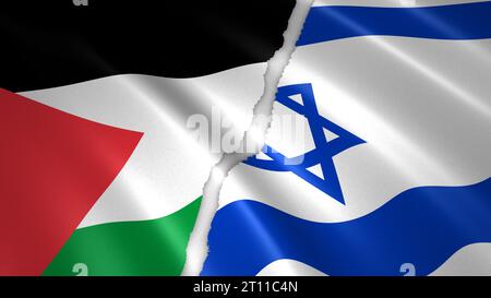 Illustrazione 3D di una bandiera israeliana e palestinese lacerata, simbolo del conflitto tra Israele e Palestina Foto Stock