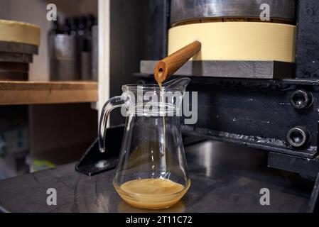 Produzione locale di piccoli oli di semi. Processo di estrazione dell'olio extra vergine di lino fresco. Foto Stock