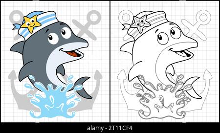 libro da colorare di graziosi delfini in berretto da marinaio con stelle marine sullo sfondo delle ancore Illustrazione Vettoriale