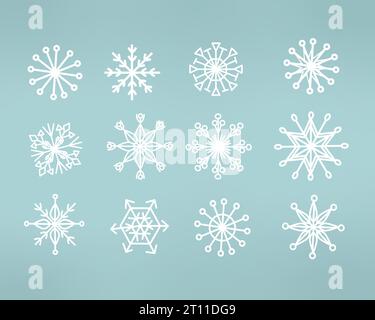 Fiocchi di neve su sfondo blu. Icone Doodle Snow Illustrazione Vettoriale