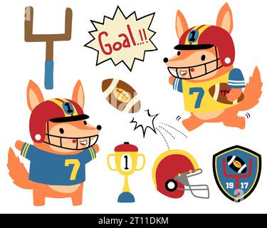 Set vettoriale di volpe da cartone animato in costume da giocatore di rugby, illustrazione di elementi da rugby Illustrazione Vettoriale