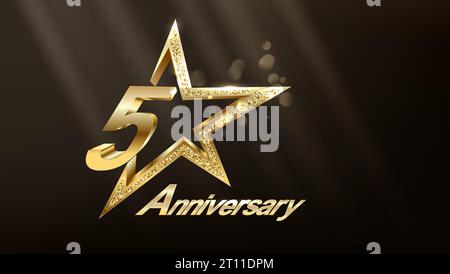 logo del 5° anniversario con numeri dorati e glitter isolati su sfondo sfumato Illustrazione Vettoriale