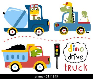 Set vettoriale di cartoni animati di dinosauri che guidano i camion Illustrazione Vettoriale