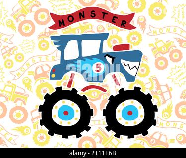 cartoni animati vector of monster truck sullo sfondo di elementi di camion con motivi senza cuciture Illustrazione Vettoriale