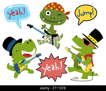 Set vettoriale di simpatici cartoni animati in costume rocker che suona la chitarra elettrica Illustrazione Vettoriale