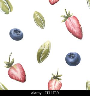 Fragole, mirtilli e foglie su fondo bianco. Illustrazione acquerello. Motivo senza cuciture da un grande set di DOLCI. Per tessuto, cucina Foto Stock