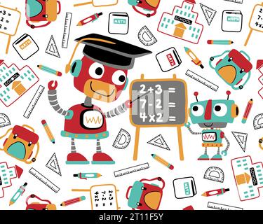Pattern vettoriale senza cuciture di materiali scolastici, illustrazione, simpatici cartoni animati di robot che studiano matematica Illustrazione Vettoriale