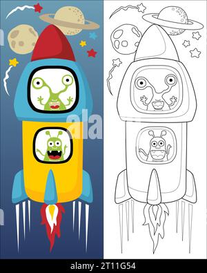 Illustrazione vettoriale di cartoni animati alieni in razzo sullo sfondo dei pianeti, libro da colorare o pagina per bambini Illustrazione Vettoriale