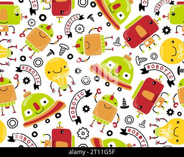 Pattern vettoriale senza cuciture di divertenti cartoni animati di robot disegnati a mano con elementi robots Illustrazione Vettoriale