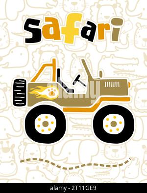 illustrazione vettoriale del cartone animato di un'auto da safari su sfondo di animali senza cuciture Illustrazione Vettoriale