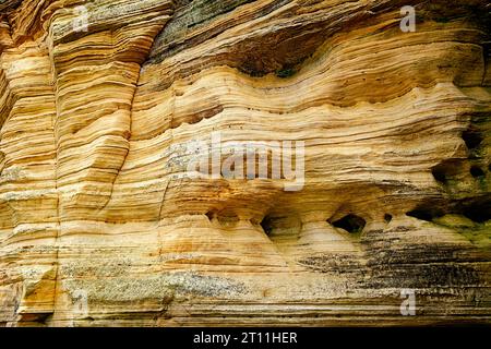 Hopeman Moray Coast Scozia strati di arenaria scolpita di colore dorato sulle scogliere Foto Stock