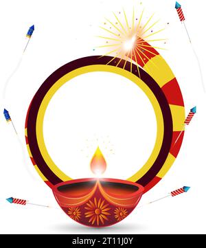 Happy Diwali festival di sfondo con bellissimi diya e pettegolezzi su sfondo bianco. Illustrazione Vettoriale